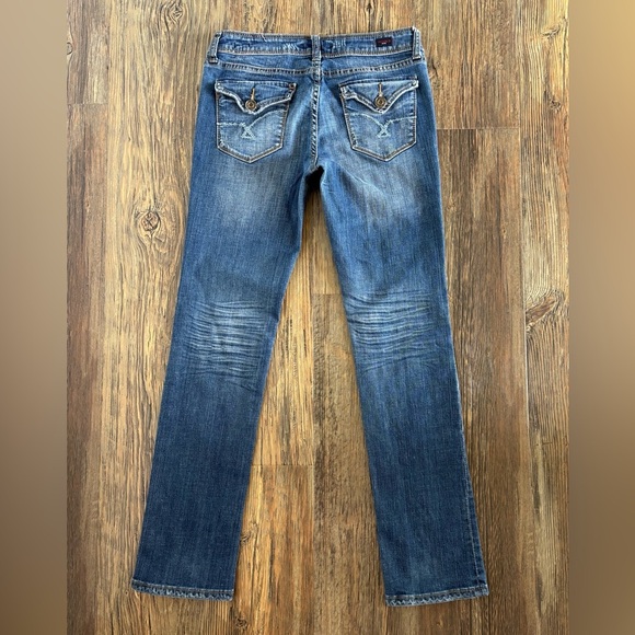 Vigold Straight Jeans Womens Juniors 7 Dark Wash Blue Denim Whiskers Embroidered - Picture 2 of 12